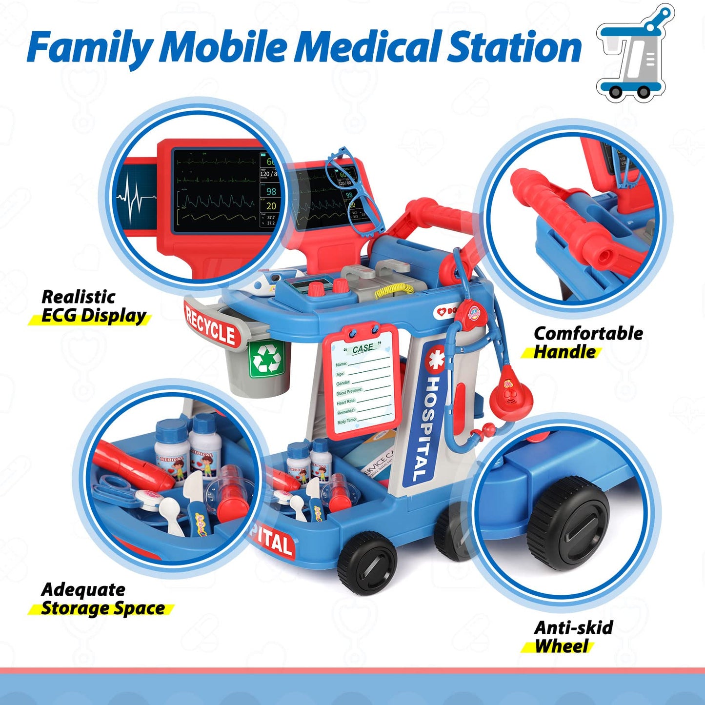Liberry Doctor Kit for Toddlers Ages 2 3 4 5, Pretend Kids Doctor Playset with Cart, Costume and Stethoscope, Role Play Medical Toys Birthday Gift for Girls Boys (Blue)