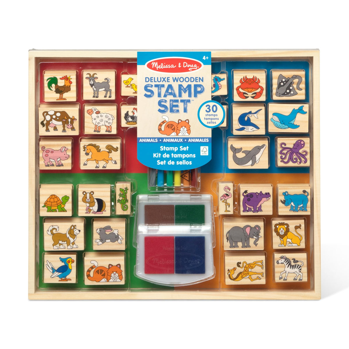 Melissa & Doug Deluxe Wooden Stamp Set: Animals - 30 Stamps, 6 Markers, 2 Stamp Pads Kids Art Projects, Wooden Stamps with Washable Ink, for Kids Ages 4+