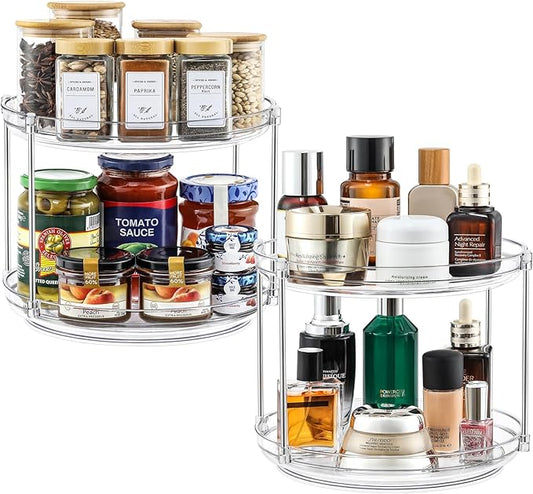 2 SET 2 Tier Non-Skid Acrylic Lazy Susan Organizer - Rotating Spice Rack - Turntable Spinning Organization for Kitchen, Pantry, Countertop, Closet, Bathroom, Vanity, Medicine Cabinet Organizing,9.25''