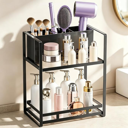 SanDream Hair Tool Organizer Bathroom Countertop, 2-Tier Metal Bathroom Organizer with Blow Dryer Holder, Large Capacity Space-Saving Vanity Shelf for Perfume, Skincare & Makeup Storage (Black)