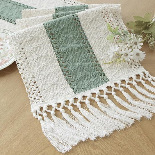 FEXIA Sage Green Table Runner 48 Inches Long with Tassels Boho for Summer Home Decor Rustic Macrame Farmhouse Table Cover for Wedding Party Bohemian Bridal Shower Dining Decorations(12x48 Inches)