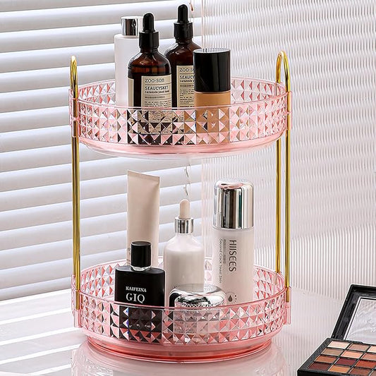 Fangoo 2 Tiers Pink Rotating Makeup Organizer for Vanity 360 Spinning Skincare Organizers for Dresser Perfume Organizer Large Skincare Make up Storage Cosmetic Organizer for Bathroom Countertop