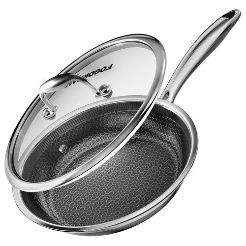 FogDream Non Stick Frying Pans, 10 Inch Stainless Steel Skillet with Tempered Glass Lid Tri-Ply Stainless Steel for All Cooktops, Dishwasher & Oven-Safe Cooking Pan, Stay-Cool Handle, Silver
