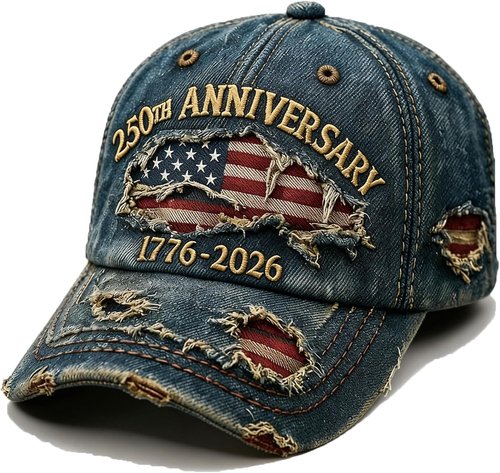 250th Anniversary USA Hat - Ripped Denim Baseball Cap for Men & Women | Celebrate America's Heritage