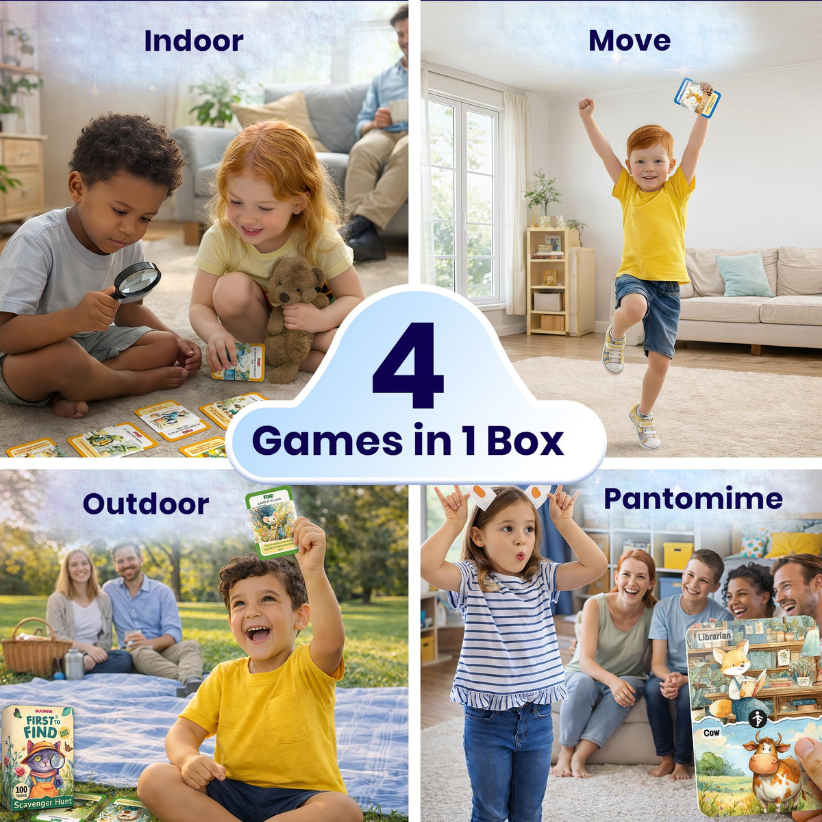 QUOKKA Kids Card Game Set Ages 4+ – 4 Games in 1 Box, 400 Creative Tasks, Scavenger Hunt for Kids, Charades & Animal-Themed Active Movement Indoor and Outdoor Games