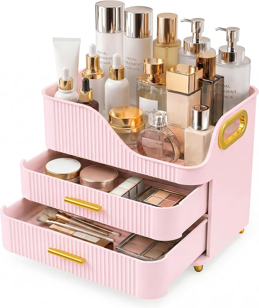 Booklov Countertop Makeup Organizer with Drawers, 3 Tier Large Cosmetic Storage Caddy for Vanity, Bathroom Counter, Dresser, Skincare Display Case for Lipsticks, Beauty Palettes, Teen Girl Gifts, Pink