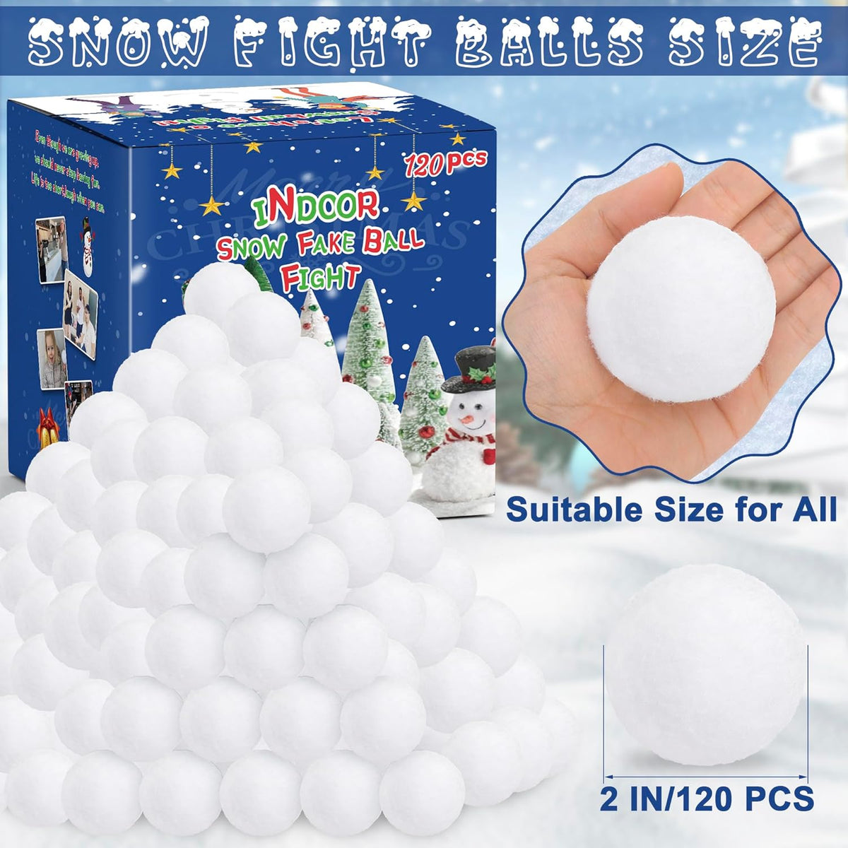 Skiennix Fake Snow Balls - Soft Plush Indoor & Outdoor Snowball Fight Set | 120 Pack for Kids & Family Fun