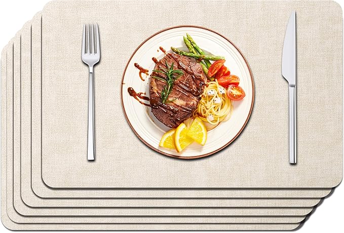 Maxpearl Faux Leather Placemats Set of 6 - Waterproof - Wipe Clean - Heat Resistant - Anti Slip Dining Table Place Mats, Suitable for Indoor & Outdoor Use, 17ââÃ12ââ, Beige