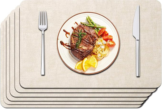 Maxpearl Faux Leather Placemats Set of 6 - Waterproof - Wipe Clean - Heat Resistant - Anti Slip Dining Table Place Mats, Suitable for Indoor & Outdoor Use, 17ââÃ12ââ, Beige