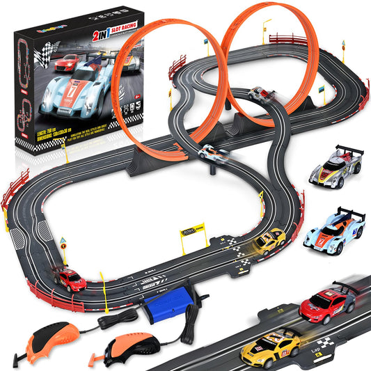 Slot Car Race Track Sets,2 in 1 Race Car Track with 4 High-Speed Slot Cars，Gift Toy for Boys Kids Ages 5 6 7 8-12,Dual Power (Source) Cars Track,Dual Racing Game Lap Counter Circular Overpass Track