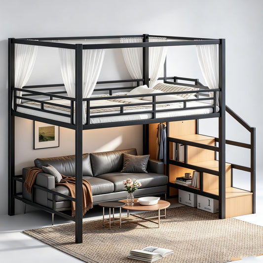 Bellemave Queen Size Loft Bed with Stairs and Wardrobe,Heavy Duty Metal Loft Bed Frame with Canopy for for Kids,Teens,Adults,Natural Wood