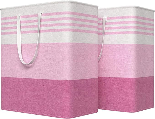 WOWBOX 2 Pack Laundry Baskets, Laundry Hampers, Freestanding Dirty Clothes Hampers with Reinforced Handles & Cross Stitch & Waterproof Coating, for Laundry Bedroom Bathroom Dorm,100L Pink