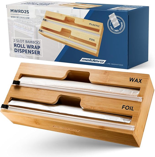 MELDEVO 2 in 1 Wrap Dispenser with Cutter and Labels, Plastic Wrap, Aluminum Foil and Wax Paper Dispenser for Kitchen Drawer, Bamboo Roll Organizer Holder, Compatible with 12" Roll
