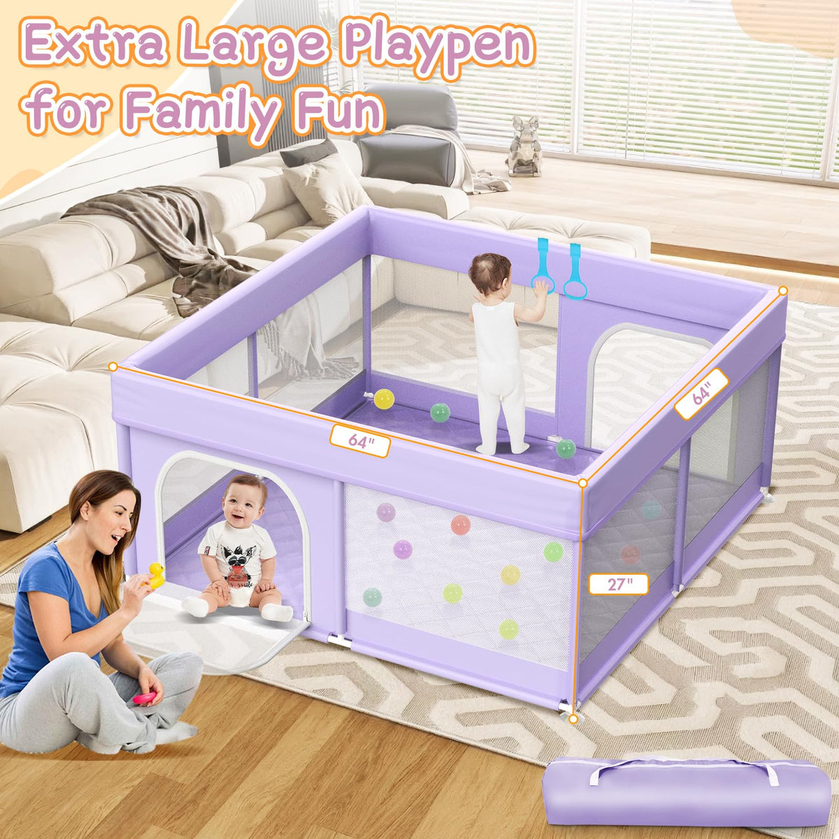 Baby Playpen with Mat 64"x64" - Playpen for Babies and Toddlers with Mat for Apartment - Play Yard with mat Included - Soft Breathable Mesh - All-Wrapped Sponge Play Pen with Handle & Bag (Purple)