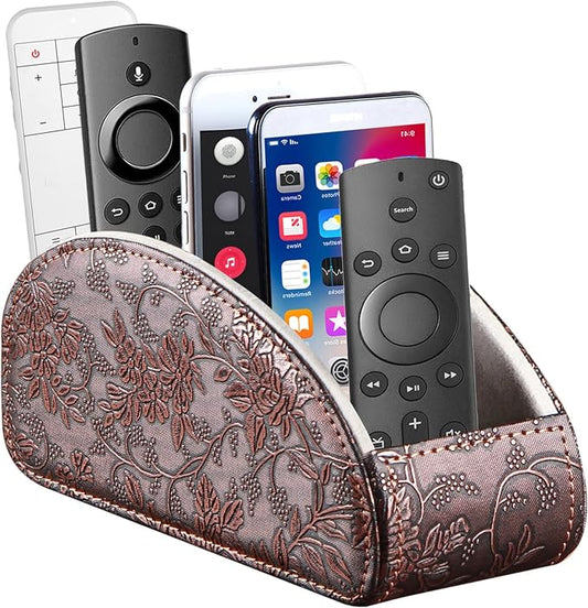 TV Remote Control Holder with 5 Compartments,Pu Leather Remote Caddy/Box/Tray Nightstand Desktop Storage Organizer Store DVD,Blu-Ray,Media Player,Heater Controllers, Makeup Office Supplies