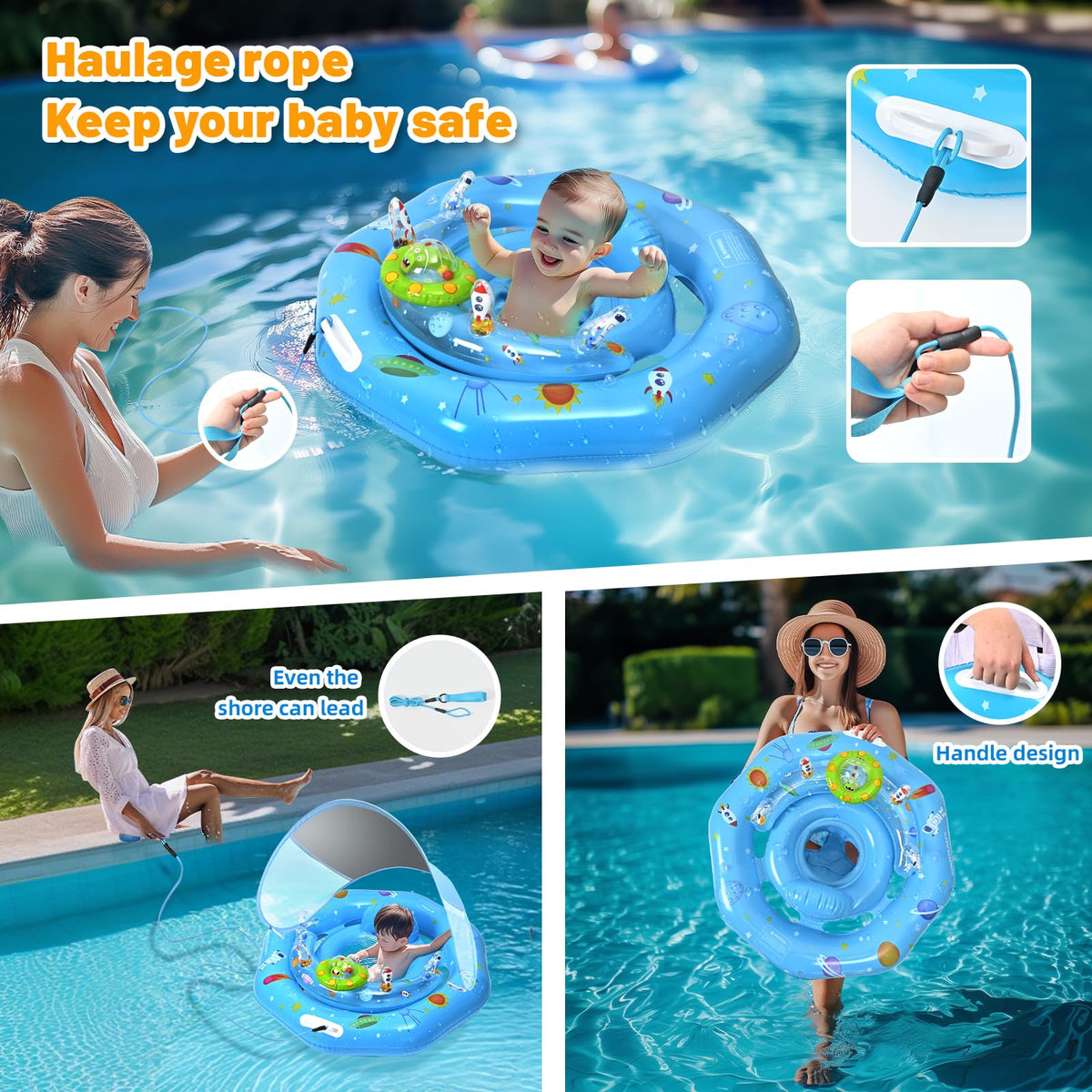 Baby Pool Float with Canopy, Inflatable Baby Swim Float with UPF50+ Sun Protection, Infant Pool Float with Toy Play Console,Safety Handles & Leashes,Adjustable Safety Seat For Toddler Aged 6-36 Months