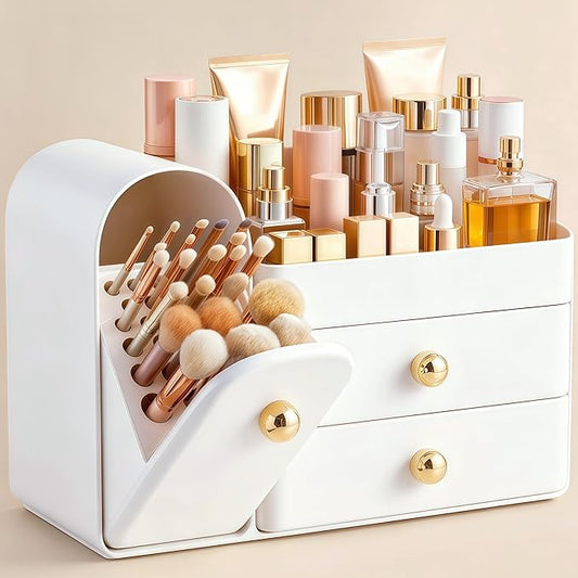 HBlife Makeup Organizer Countertop with Drawers, Vanity Organizers with Brush Holder, Bathroom Counter Organizer for Perfume, Nail Polishes, Lipsticks, Skincare and Eyeshadow Palettes, White