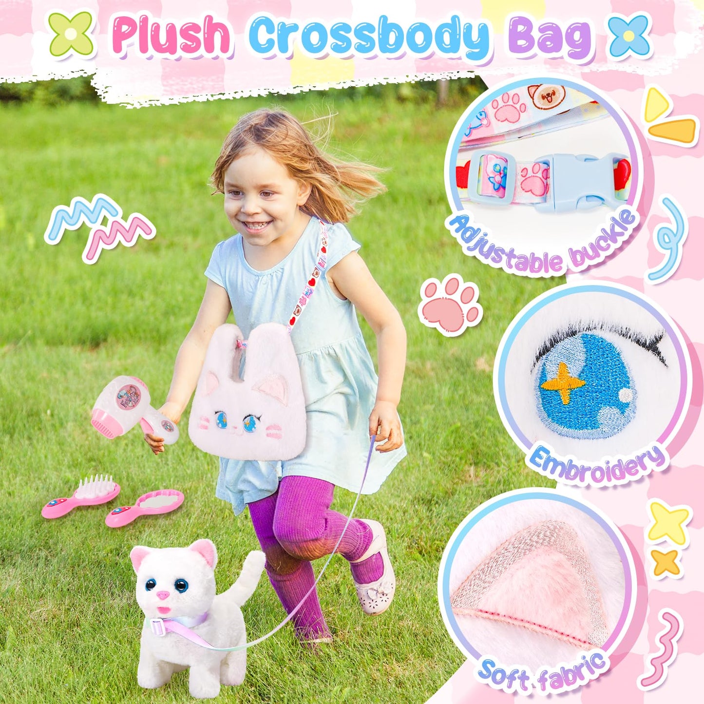 NINAOR Interactive Cat Toys for Kids with Crossbody Bags, Stuffed Cat Plush with Leash Walking Meow Pretend Play Kitty Robot Pet Toy, Electronic Realistic Cute Stuff for Girls Plushies Toddler Toys