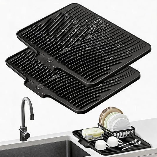 TIKNIK Silicone Dish Drying Mat for Kitchen Counter - Heat Resistant & Non-Slip Dish Drain Pad with Built-In Drain, Dishwasher Safe, Quick-Dry, Hangable & Roll-Up for Storage, Black-2pcs, 20" x 15"