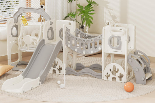 67i Toddler Indoor Playground Slide and Swing Set with Climbing Arch, Golf, Basketball - Outdoor Playset for Toddlers 1-3, Kids Activity Center (White Gray, with Swing)