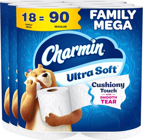 Charmin Ultra Soft Toilet Paper - 2-Ply Cushiony Touch, 18 Family Mega Rolls (90 Regular Rolls) - White