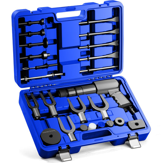 25PCS Multi-functional Pneumatic Hammer Piece Chisel Set, Air Hammer Kit, 2100 BPM Quick Change Retainer Air Hammer with Shovel Heads, Ball Joint Separator Set, Air hammer Bits (Blue)