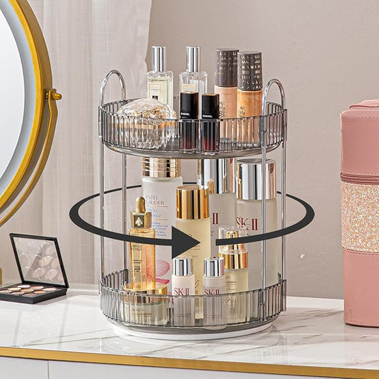 shuang qing Rotating Makeup Organizer for Vanity, High-Capacity Skincare Clear Make Up Storage Perfume Organizers Cosmetic Dresser Organizer Countertop 360 Spinning (Gray, 2 Tier)