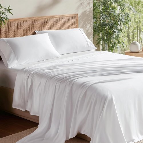 Bedsure Queen Sheet Set - Cooling Bamboo Sheets for Hot Sleepers | Soft, Breathable, Deep Pocket, White