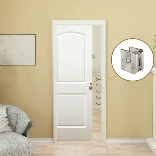 BARNSMITH 30in x 80in Sliding Pocket Door, Raised 2-Panel Arch Top Smooth White Primed Door Slab wtih Track Hardware and Frame Kits & Privacy Latch, Soft Close Mechanism, Durable and Smooth-Sliding