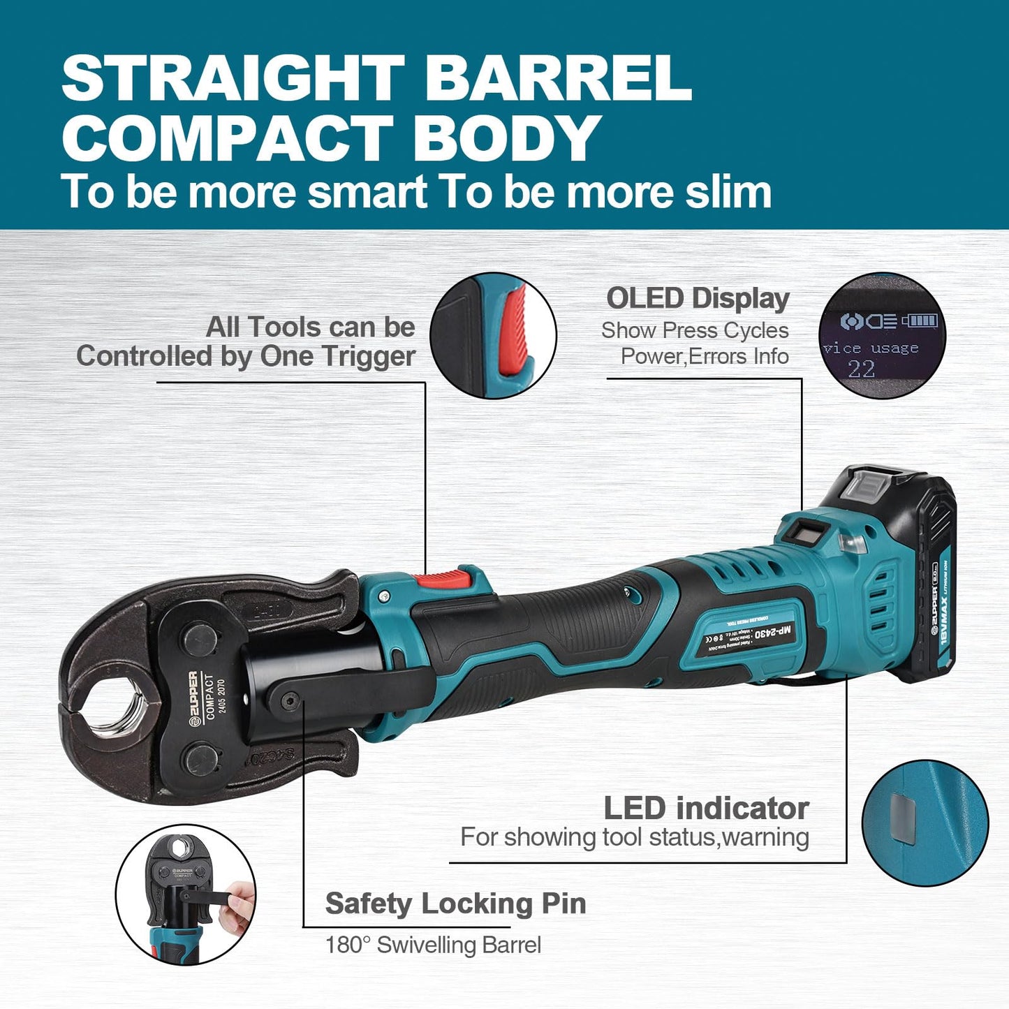 ZUPPER Press Tool, 18V Electric Pipe Crimping Tool for 1/2" to 1-1/4" Copper Pipes, Compact Press Tool Kit Suitable for Copper ProPress fittings - with Brushless Motor, 4 VUS Press Jaws, 2pcs Battery