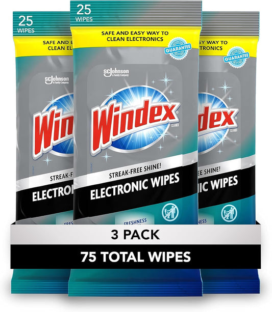 25 Count (Pack 3) Windex Electronic Cleaning Wipes, Pre-Moistened Screen Wipes for TVs, Phones, and Other Electronics