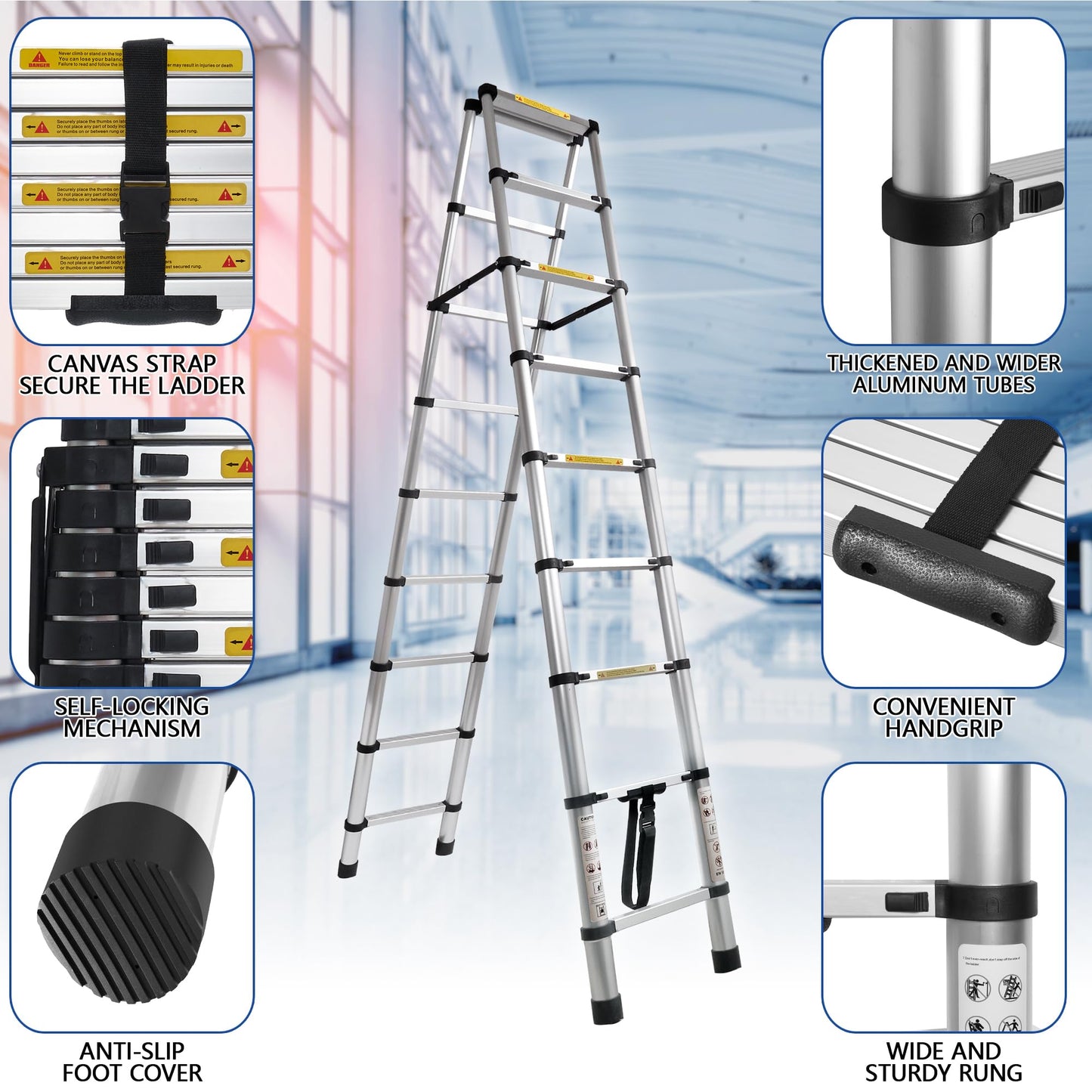 Walking Telescoping Extension Ladder,5+5 Step Ladder,330LB Load Capacity,Portable Telescopic Folding Ladder Heavy Duty Collapsible Ideal for Home and Outdoor Work(1.4m+1.4m/4.6FT+4.6FT Walking ladder)