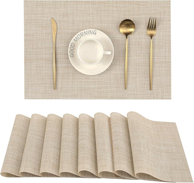 Leetaltree Beige Placemats Set of 8 - Heat Resistant Non-Slip Place mats for Dining Table, Washable Durable PVC Vinyl Woven Table Matsï¼Beige, 8ï¼