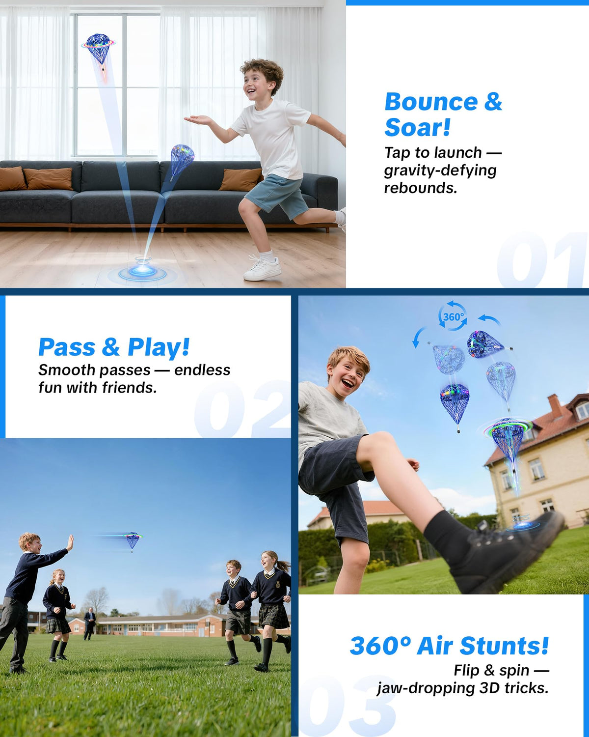 Flystars Flying Bouncing Toys, Next-Gen Pro 2025 Cosmic Globe Flying Orb Ball Motion-Control Hover Spinner with 3D Flips, Cool Birthday Toy for Kids 6+ Boys Girls Teens (Blue-L)