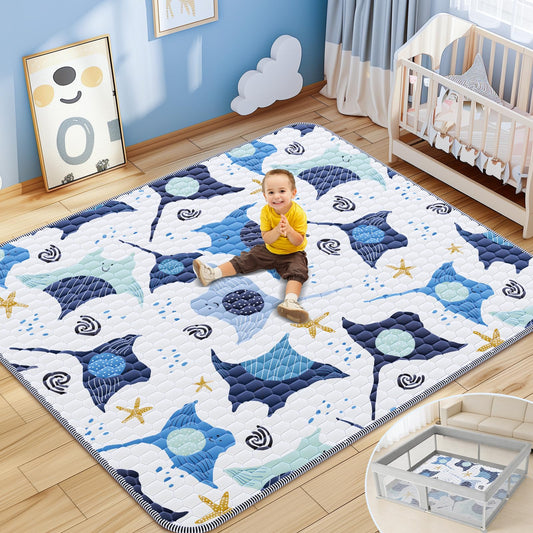 omzer Baby Play Mat, Large & Thick & Soft Cushioned Playmat for Playpen, Non-Slip Floor Mat for Crawling Infants & Toddlers with Safety Silicone Backing, Machine Washable - 71x79 Inch, Blue