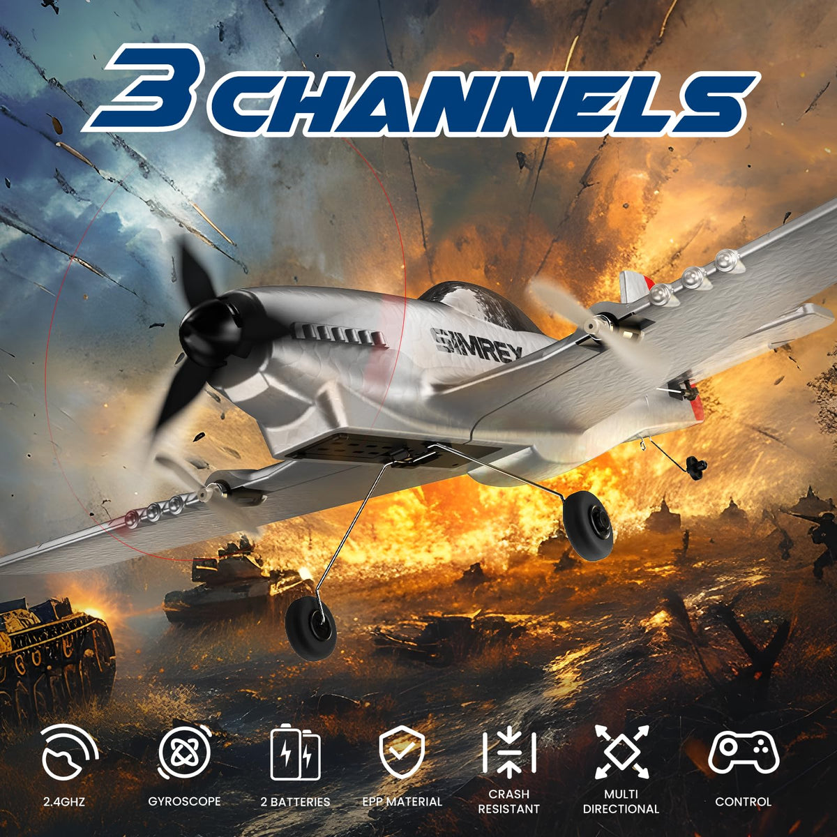 SIMREX RC Plane for Kids & Beginners - P51 Foam Glider, 2.4GHz 3-Channel Remote Control Airplane Toy with 6-Axis Gyro, Easy to Fly RC Airplane for Outdoor Park Play - Gift for Boys & Girls