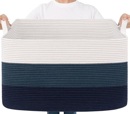 Goodpick 85L Large Blanket Basket 23.6" x 15.7" x 13.8" Cotton Rope Storage Baskets for Organizing, Rectangle Woven Baskets for Storage, Baby Toy Basket for Nursery Bedroom, Blue