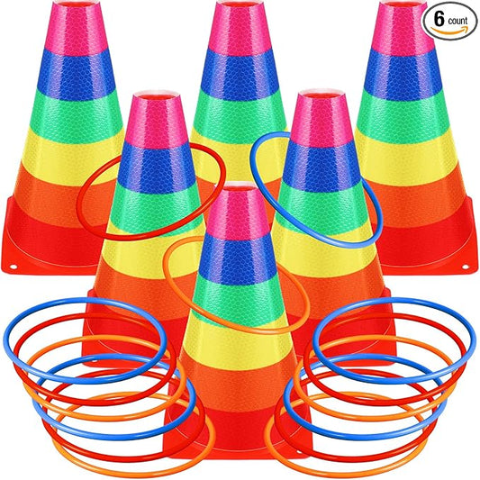 Leitee 6 Sets Candy Corn Ring Toss Game Plastic Cones Ring Toss Combo Set Mini Traffic Cones Toss Game for Sports Training Garden Backyard Outdoor Activities(Colorful,Carnival Game)