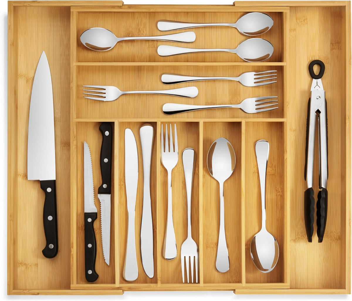 Purawood Bamboo Drawer Organizer - Expandable Cutlery Tray with Dividers | 7-9 Slot Kitchen Utensil Organizer (Natural)