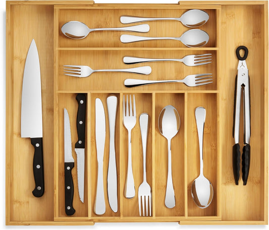Purawood Bamboo Drawer Organizer - Expandable Cutlery Tray with Dividers | 7-9 Slot Kitchen Utensil Organizer (Natural)