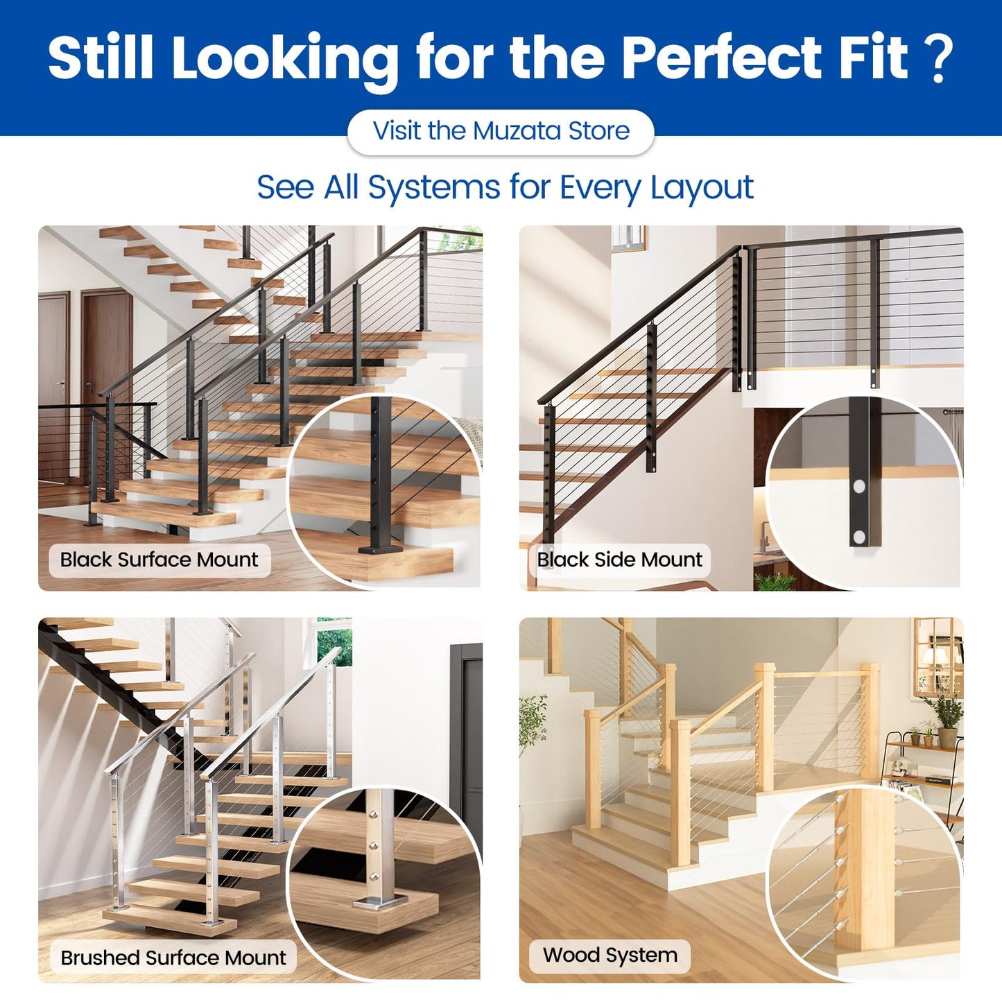 Muzata Black Corner Cable Railing Post 42 Inch 42"x2"x2" T-drilled One-Post Corner Solution Surface Mount Stainless Steel Cable Railing System Kit Indoor Outdoor with Paper User Guide PS02 B34L