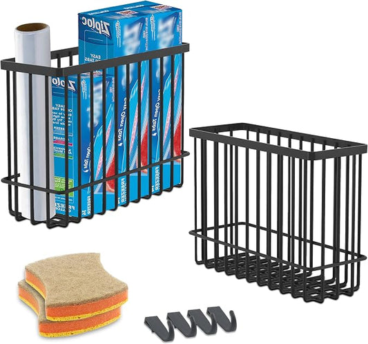 Wall Organizer Baskets, Lid Organizers Inside Cabinet with 2 Caddy Adhesive, Cabinet Door Organizer with 2 Sponges, 4 Hooks, Cabinet Door Storage for Foil Aluminum Roll, Black, 2 Pack (Small, Medium)