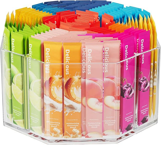 Divided Drink Packet Organizer, Octagonal 5 Compartment Clear Lazy Susan Turntable, Rotating Storage Organizer for Powdered Drink Mix, Water Flavor Packets, Coffee, Tea, Spices