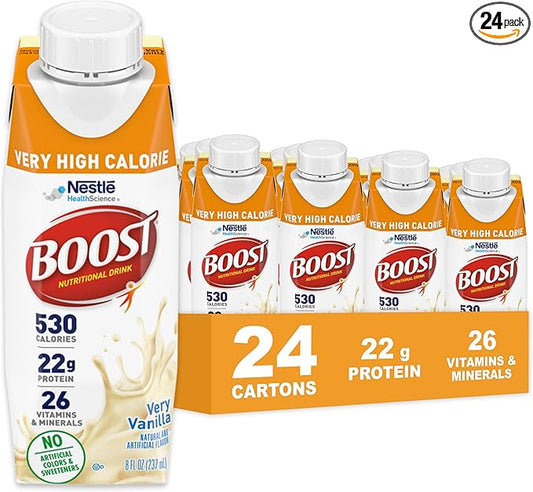 Boost Very High Calorie Vanilla Nutritional Drink ??22g Protein, 530 Nutrient Rich Calories, 8 Fl Oz (Pack of 24)