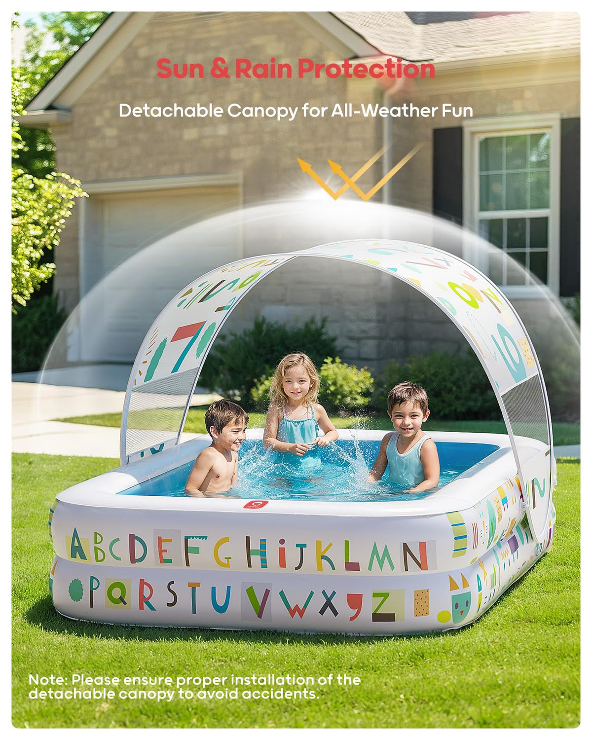 QPAU Kiddie Pool – 65" x 39" Inflatable Pool for Kids & Toddlers, Ball Pit & Baby Pool with Soft Cushioned Floor, Canopy for Sun Protection, Durable Outdoor Play Toys for Backyard & Indoor (Blue)