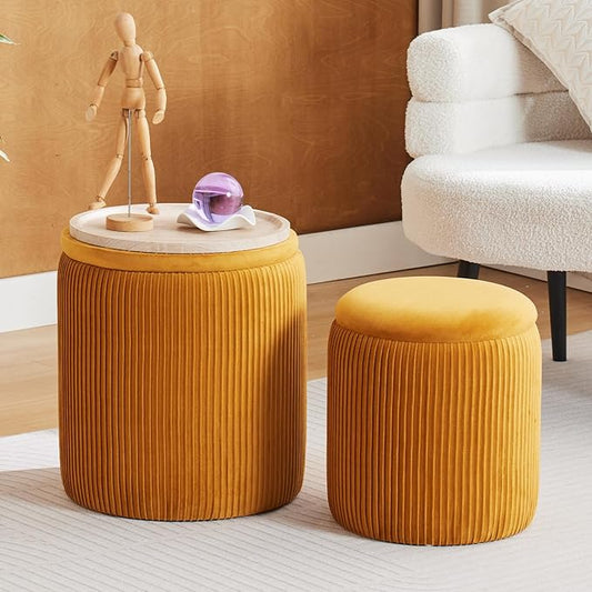 BLEXA Round Ottoman with Storage Set of 2-Upholstered Velvet Vanity Stool for Makeup Multifunctional Ottomans Coffee Table Padded Seat Foot Rest (Yellow-Upgrade Tray Lid)
