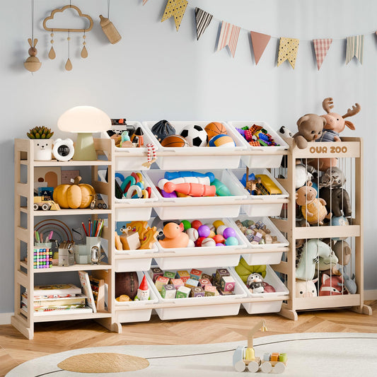 Large Kids Toy Storage Organizer - Toy Organizers and Storage with Stuffed Animal Storage, Kids Toy Storage Shelf with 12 Plastic Bins, 4-Tier Bookshelf for Kids Room, Playroom, Bedroom, 59 inch