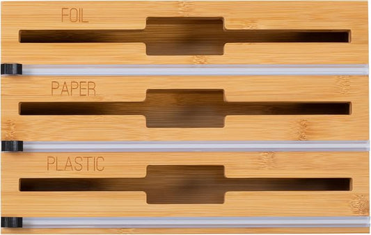 Honey Can Do 3-In-1 Bamboo Food Wrap Organizer With Safety Cutter | Plastic, Wax, Paper and Foil Holder KCH-09858 Natural