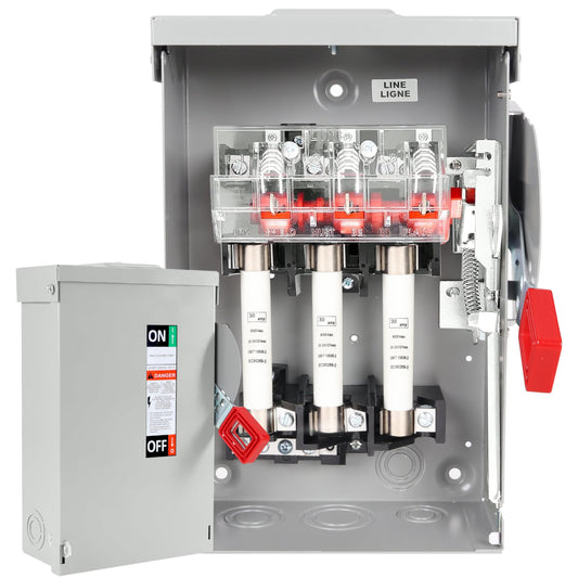 30 Amp Disconnect Switch, Fusible, 3 Pole 600 Volt, with Interlock Mechanism, Anti Corrosion and Rust Prevention, NEMA 3R Enclosure for Indoor&Outdoor, 10-Year Warrnaty, 30 Amp Disconnect Box