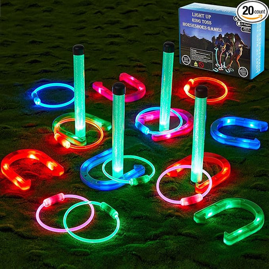 Liliful 20 Pcs Ring Toss Glow in Dark Games Valentines Outdoor Ring Toss Games with LED Yard Ring Toss Game Outdoor Games for Family Adults Lawn Backyard Camping Glow Party Games